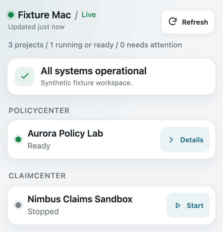 Instance Control Telegram view showing current Guidewire project states and an available Start action.
