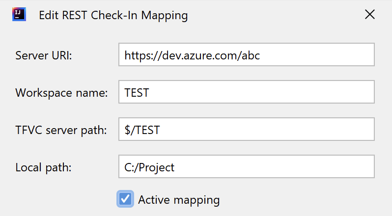 Step 3 explicit mapping dialog with server URI, workspace name, TFVC server path, local path, and active mapping checkbox